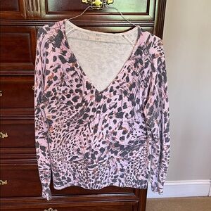 LOFT Pink and Black Patterned V-Neck Sweater